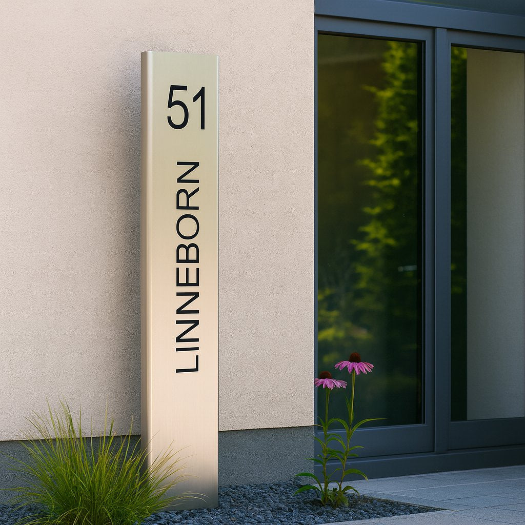 Modernes, großes Edelstahl-Hausschild – individuell gravierbar – 150 x 30 cm